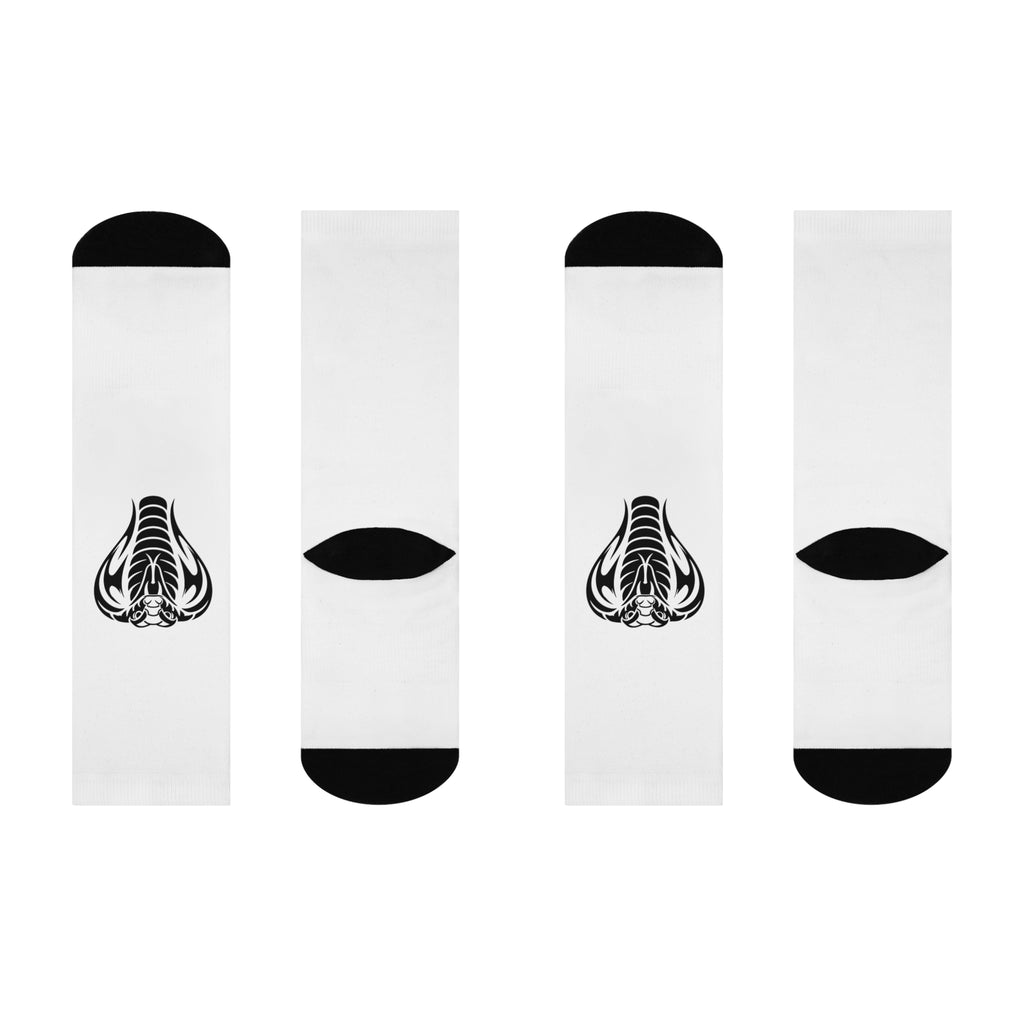 Cobra Logo Crew Socks — Cushioned White Athletic Socks with Black Snake Design