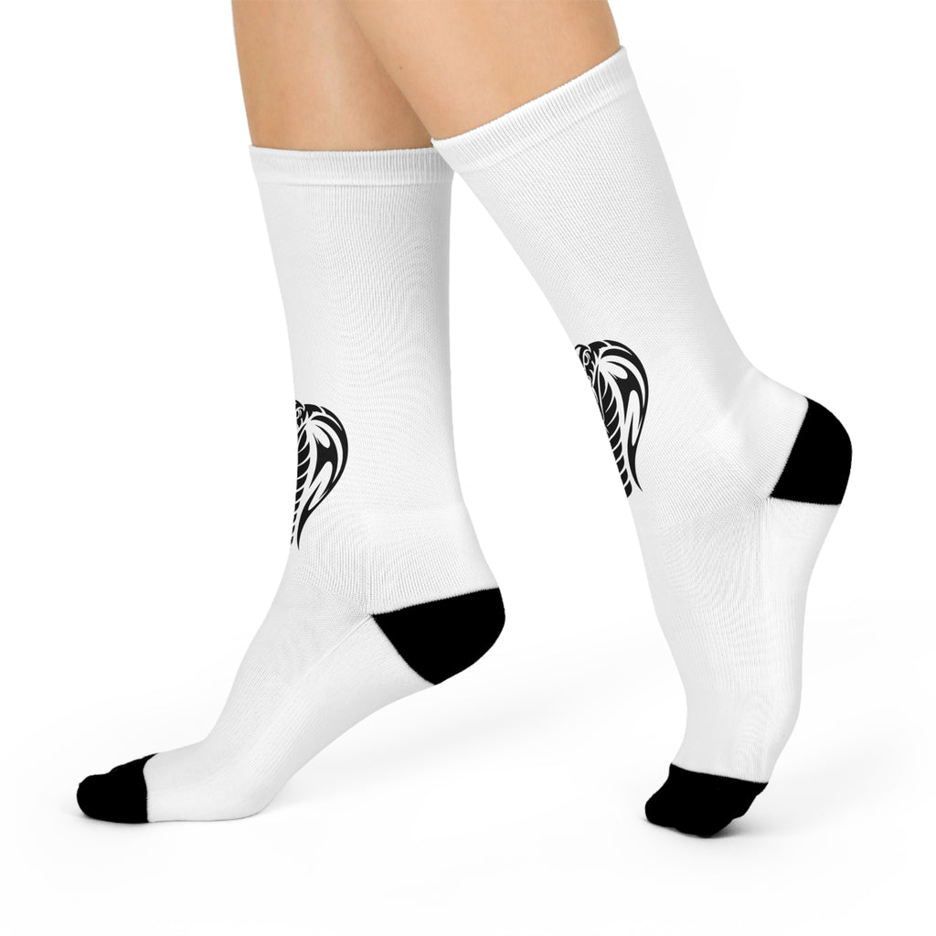 Cobra Logo Crew Socks — Cushioned White Athletic Socks with Black Snake Design
