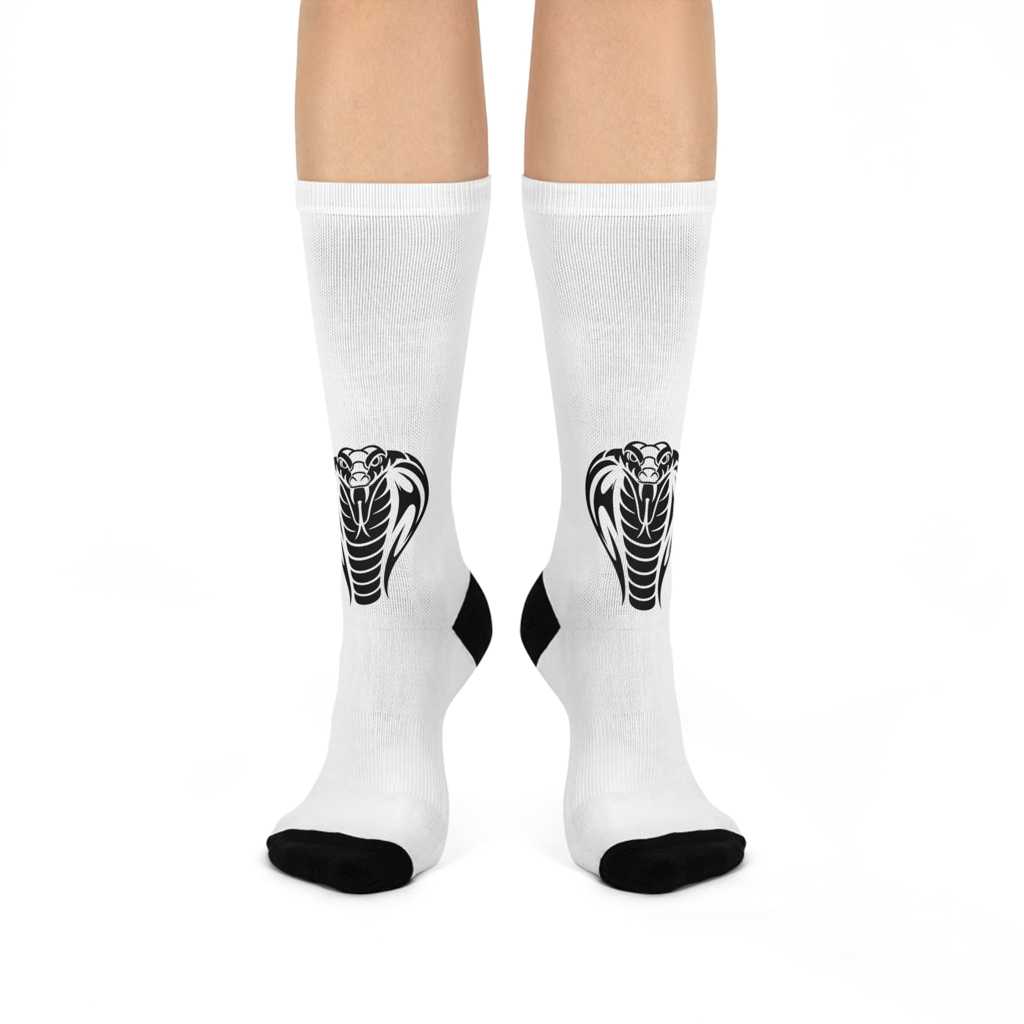 Cobra Logo Crew Socks — Cushioned White Athletic Socks with Black Snake Design